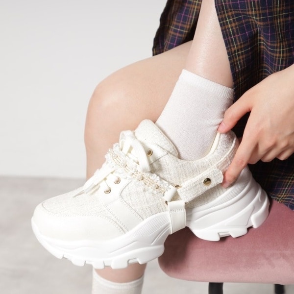 エスペランサ（ESPERANZA）/フリル×パール調ベルトツイードスニーカー