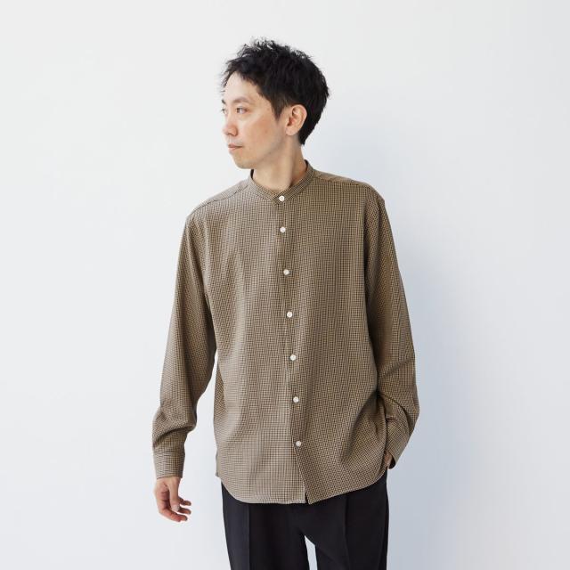 メンズメルローズ（MEN’S MELROSE）/ウーリーポリエステルパターンスタンダードバンドカラーシャツ
