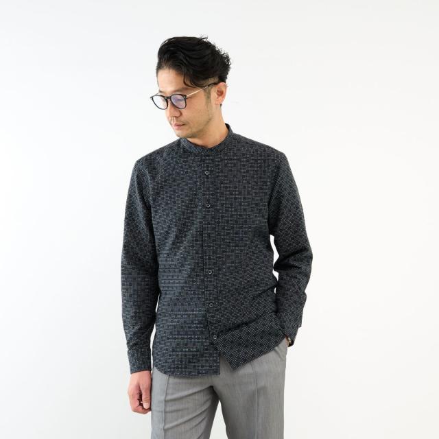 メンズメルローズ（MEN’S MELROSE）/HITOYOSHIダブルネーム ブラックパターンバンドカラーシャツ_15