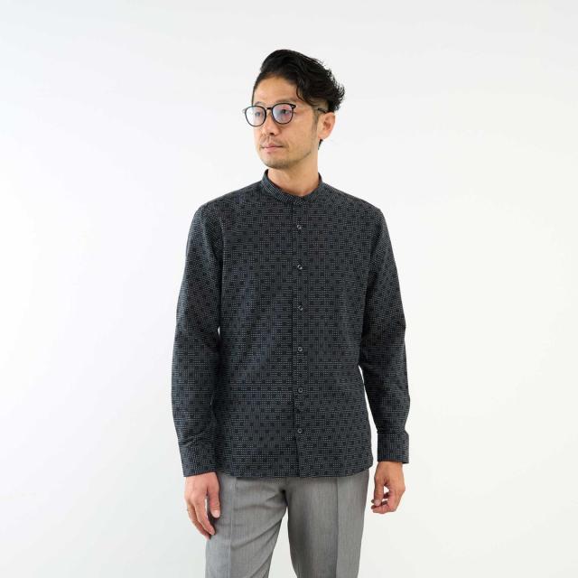 メンズメルローズ（MEN’S MELROSE）/HITOYOSHIダブルネーム ブラックパターンバンドカラーシャツ