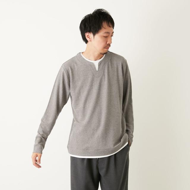メンズメルローズ（MEN’S MELROSE）/リンクスストライプ フェイクレイヤーキーネックTシャツ