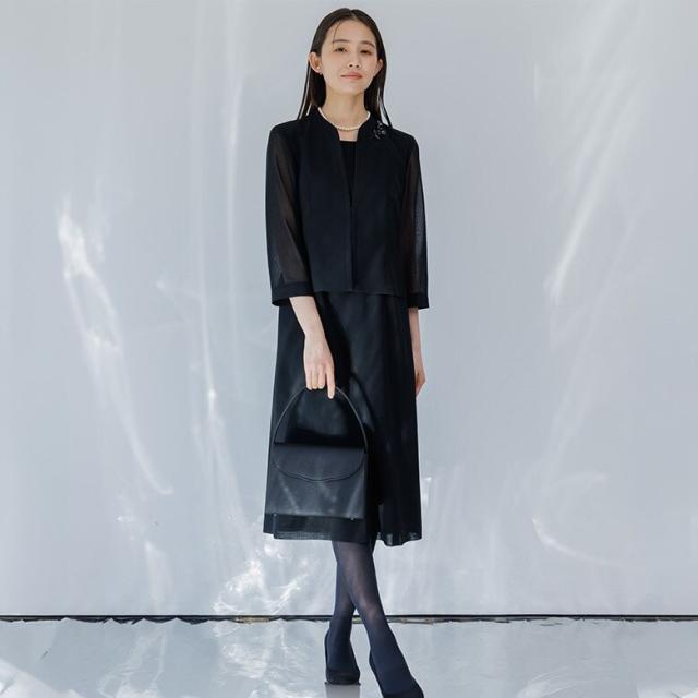 フォルムフォルマ（form forma）/【喪服・礼服】【洗える】/メッシュボーダー/スタンドカラーブラックフォーマルワンピース