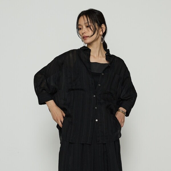 ギャバジン K．T（Gabardine K．T）/〔 +サイズ 〕 ジャカードボーダー 身幅たっぷりシャツ