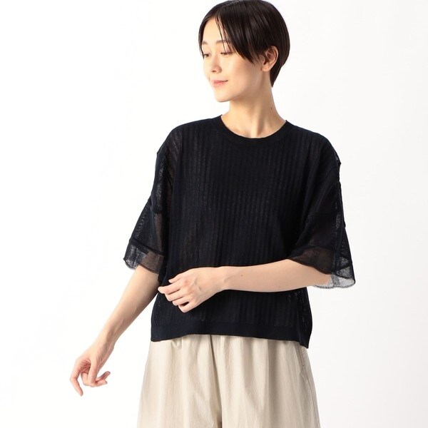 カーディガン ストライプ調シアーニット ベルスリーブシアー