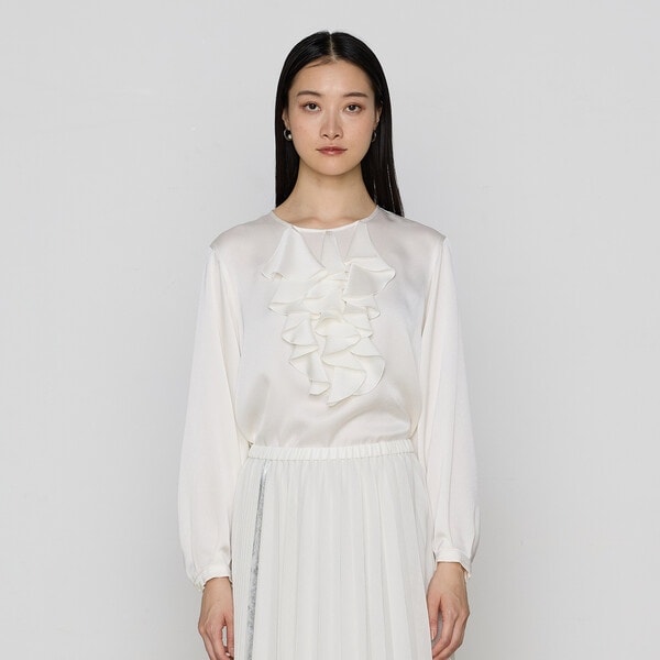 K．T キヨコ タカセ（K．T KIYOKO TAKASE）/〔 TALLサイズ 〕 トリアセバックサテンジョーゼット ラッフルブラウス