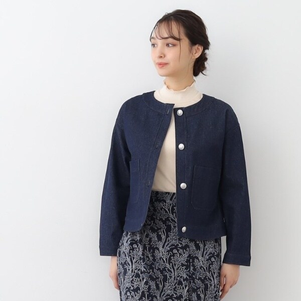 ローラ アシュレイ（LAURA ASHLEY）/【洗えるコットン100ポケット付き】ノーカラーデニムジャケット