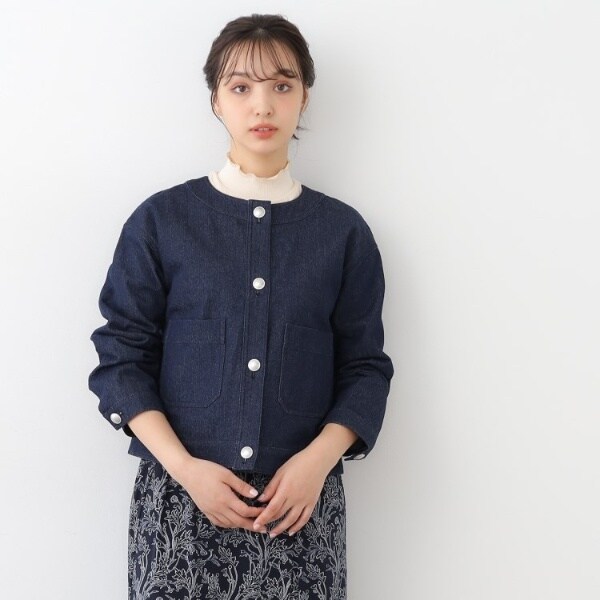 ローラ アシュレイ（LAURA ASHLEY）/【洗えるコットン100ポケット付き】ノーカラーデニムジャケット