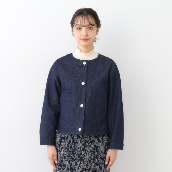 ローラ アシュレイ（LAURA ASHLEY）/【洗えるコットン100ポケット付き】ノーカラーデニムジャケット