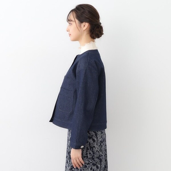 ローラ アシュレイ（LAURA ASHLEY）/【洗えるコットン100ポケット付き】ノーカラーデニムジャケット