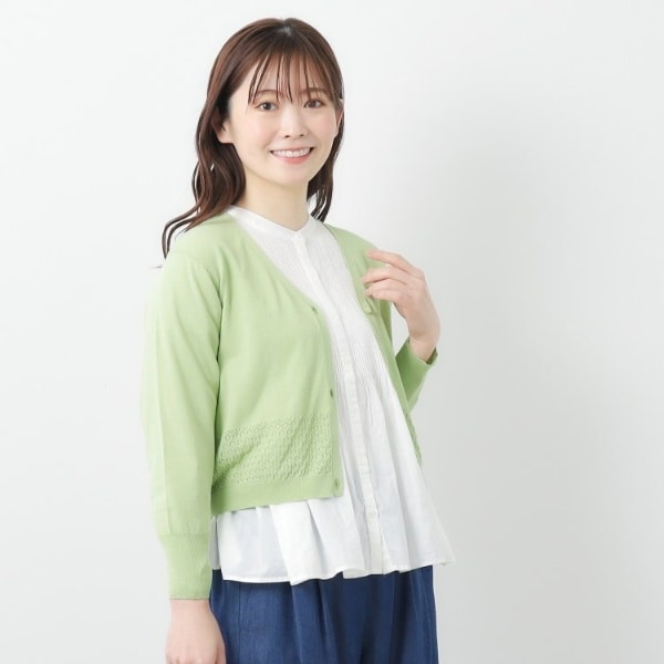 ローラ アシュレイ（LAURA ASHLEY）/【コットンシルク混／7分袖】透かし編みVネックカーディガン