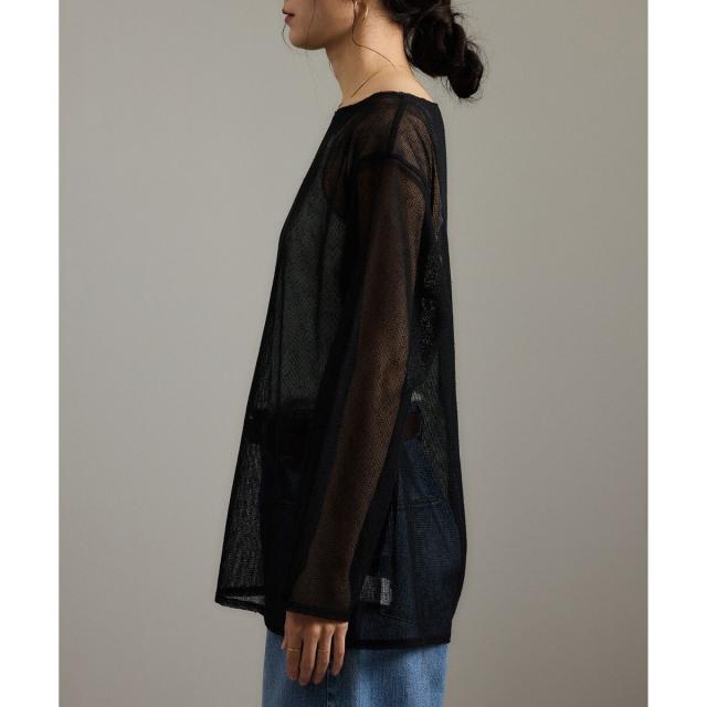 【ブラック（01）】リネンブレンドメッシュロングスリーブプルオーバー サロン アダム エ ロペ SALON adam et rope' リネンブレンドメッシュ