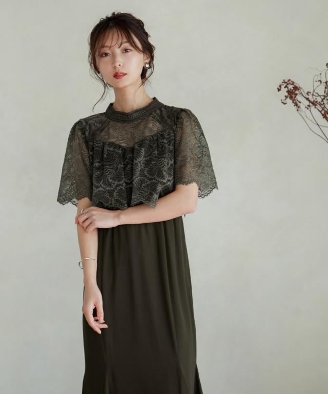 ニアナ　カーキ　オリーブ　フレアレーススリーブマーメイド　パーティードレス ニアナ niana フレアレーススリーブマーメイドワンピース