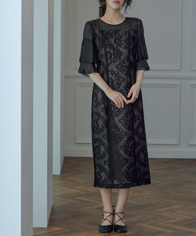 ドレスアン（Dress Ann）/オーナメント柄レースラッフルスリーブドレス結婚式ドレス ドレスアン（Dress Ann）/オーナメント柄レースラッフルスリーブドレス