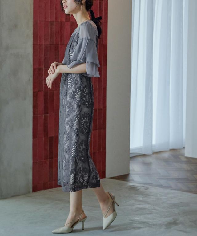 ドレスアン（Dress Ann）/オーナメント柄レースラッフルスリーブドレス