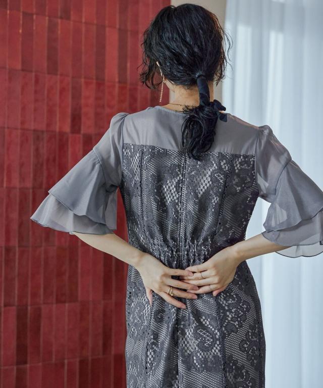 ドレスアン（Dress Ann）/オーナメント柄レースラッフルスリーブドレス