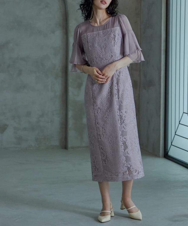 ドレスアン（Dress Ann）/オーナメント柄レースラッフルスリーブドレス