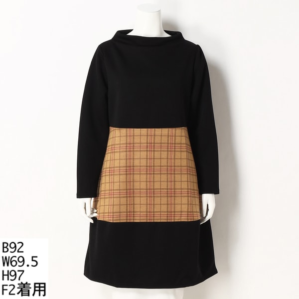 クインティ/【大きいサイズ】ボトルネックチェック切り替えコクーンチュニックワンピース