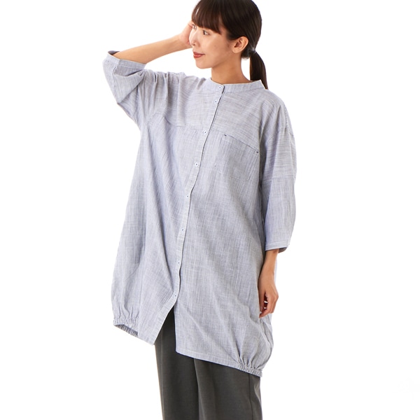 クインティ（QUINTY）/【大きいサイズレディース】ストライプバンドカラーロングシャツ