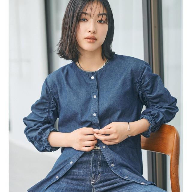 サムシング（SOMETHING）/SOMETHINGシャーリングスリーブデニムブラウス