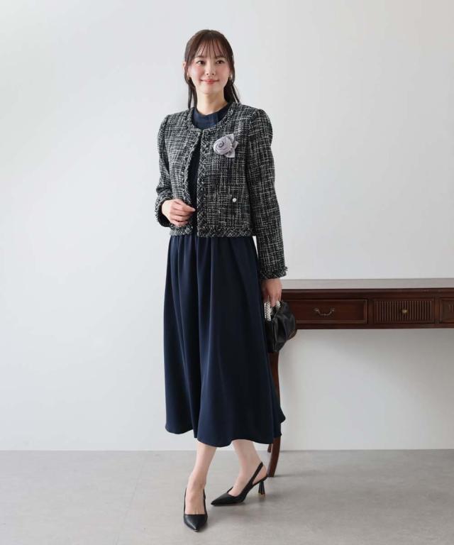 ブルーイースト（BLUEEAST）/ミックスツイードノーカラージャケットｘスタンドカラータックワンピース