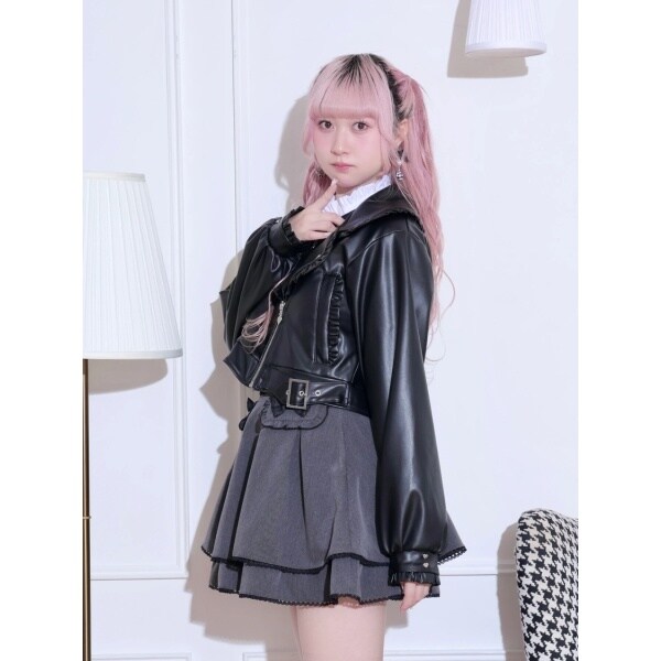 新品未使用!JUDYラムレザーバックフリルライダースジャケット ノエミー（NOEMIE）/バックリボンフリルライダース合皮ジャケットの