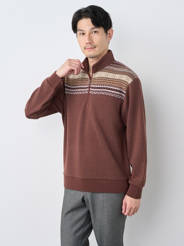 エレメント オブ シンプルライフ（element of SIMPLE LIFE）/異素材フェアアイルハーフジップニット