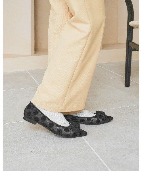 エマフランシス（Emma Francis）/ポインテッドトゥ ドット柄 チュール リボン フラットパンプス エマフランシス（Emma Francis）/ポインテッドトゥ ドット柄 チュール