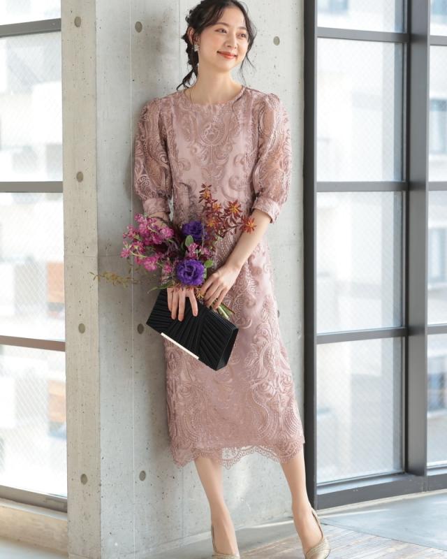 【定価14,080円】PREFERIR バックシャンリボン　タイトドレス L PREFERIR ドレス 刺繍レース バックリボンドレス結婚式