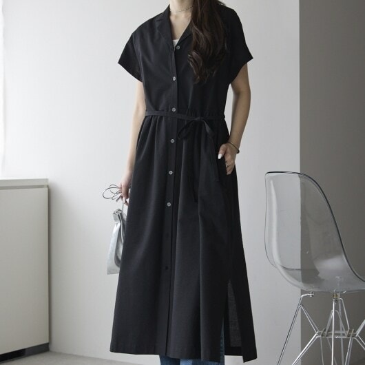 プレフェリール（PREFERIR）/クレープラグラン切り替えワンピース オープンカラーシャツ