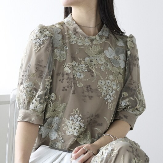 プレフェリール（PREFERIR）/刺繍レースバルーンスリーブドレス ボタニカル エンブロイダリー プレフェリール（PREFERIR）/刺繍レースバルーンスリーブドレス