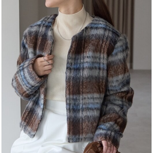 プレフェリール（PREFERIR）/チェックギャザージャケット シャギーショート