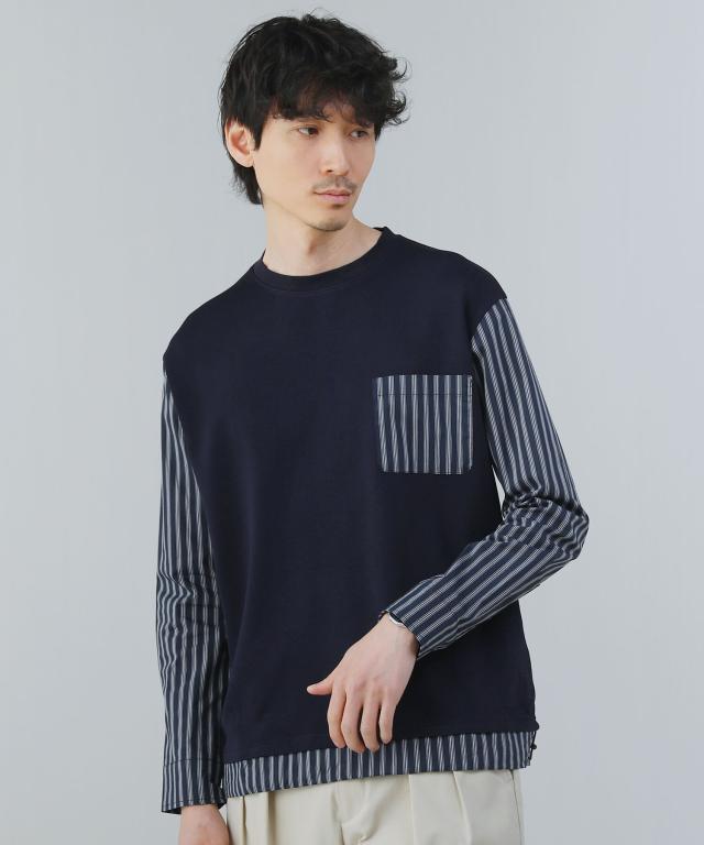 スプートニクス（SPUTNICKS）/＜ALLOWED TO UNFOLD＞ポンチ×ストライプ布帛切り替え長袖Tシャツ