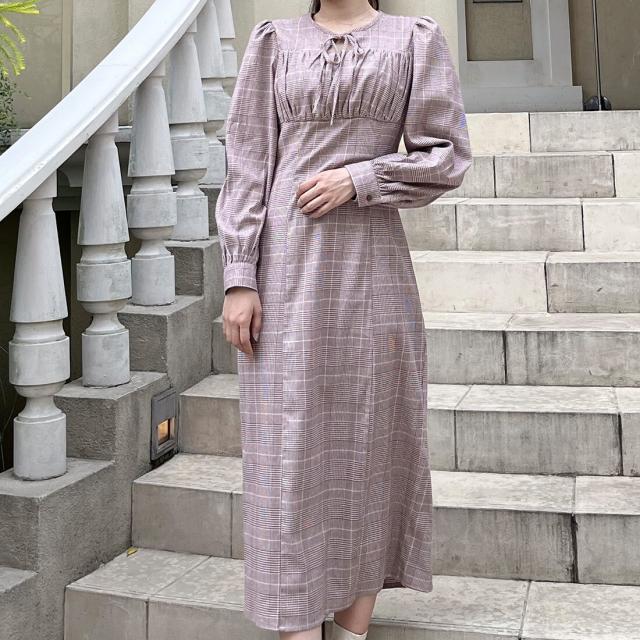 フロントオープンチェックワンピース ジュノア（JUNOAH）/フロントオープンチェック柄タイト