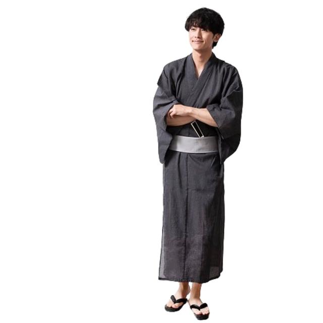 ジェネレス（geneless）/浴衣 メンズ ゆかた おしゃれ フルセット帯 下駄 腰紐 男性 夏 祭り 紺白縞 紺 帯 灰黒太縞_1