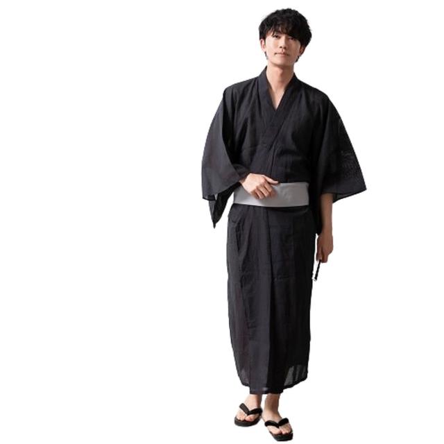ジェネレス（geneless）/浴衣 メンズ ゆかた おしゃれ フルセット帯 下駄 腰紐 男性 夏 祭り 紺白縞 紺 帯 灰黒太縞_5