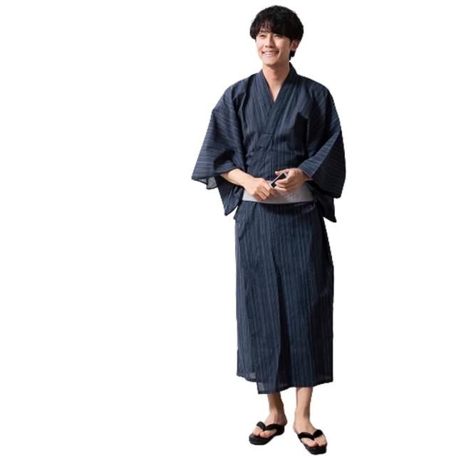 ジェネレス（geneless）/浴衣 メンズ ゆかた おしゃれ フルセット帯 下駄 腰紐 男性 夏 祭り 紺白縞 紺 帯 灰黒太縞_4
