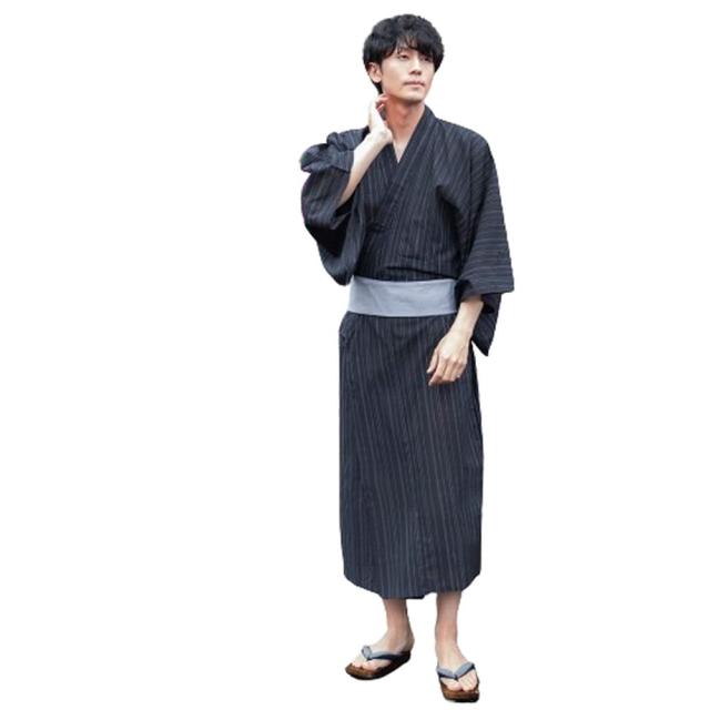 ジェネレス（geneless）/浴衣 メンズ ゆかた おしゃれ フルセット帯 下駄 腰紐 男性 夏 祭り 紺白縞 紺 帯 灰黒太縞_2