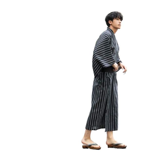 ジェネレス（geneless）/浴衣 メンズ ゆかた おしゃれ フルセット帯 下駄 腰紐 男性 夏 祭り 紺白縞 紺 帯 灰黒太縞_7