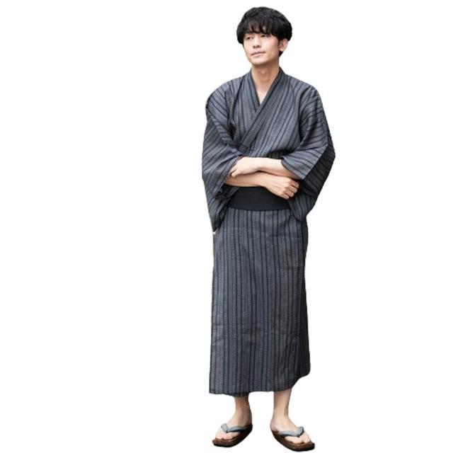 ジェネレス（geneless）/浴衣 メンズ ゆかた おしゃれ フルセット帯 下駄 腰紐 男性 夏 祭り 紺白縞 紺 帯 灰黒太縞_10