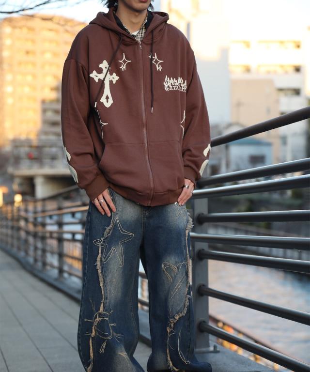 フック（HOOK）/【HOOK】クロスと炎刺繍ジップパーカー