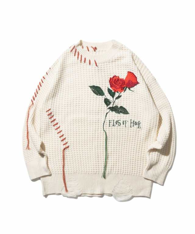 フック（HOOK）/ワッフル編み手縫いステッチバラ刺繍ニット風