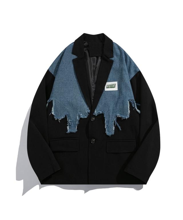 フック（HOOK）/【HOOK】個性派　デニム異素材切り替えデザインテーラードジャケット