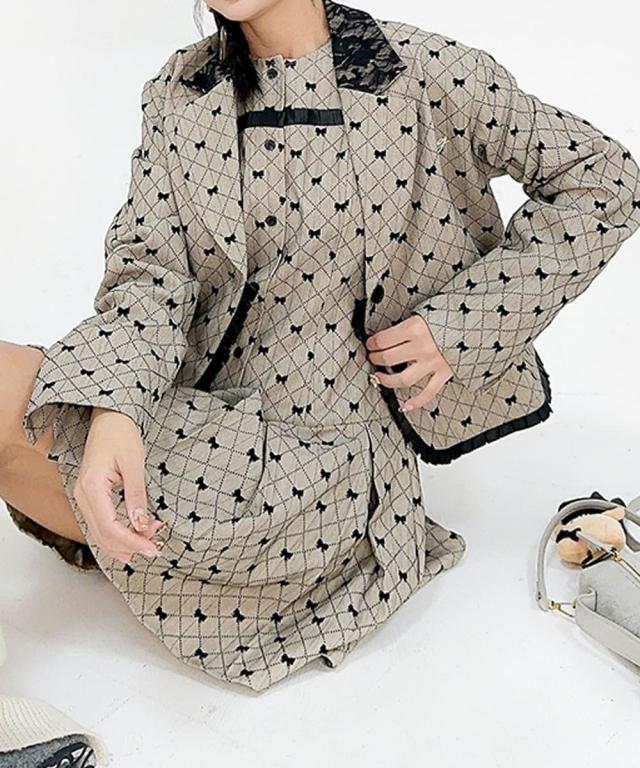 フック（HOOK）/HOOKforgirls  リボンキルティング柄 テーラードジャケット　セットアップ可