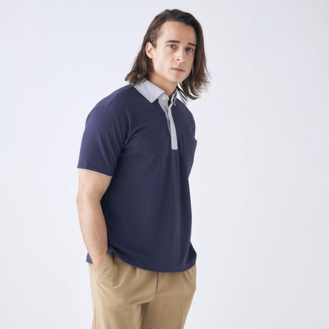 コナカ（konaka）/【半袖】衿切替ポロシャツ ボタンダウン ネイビー ウォッシャブル ストレッチ ひんやり ビジカジの通販は
