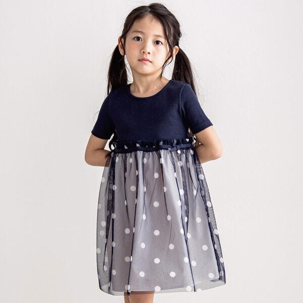 タルティーヌ エ ショコラ（Tartine et Chocolat）/【日本製】ベアテレコドットチュールニットワンピース(90~140cm)の通販は