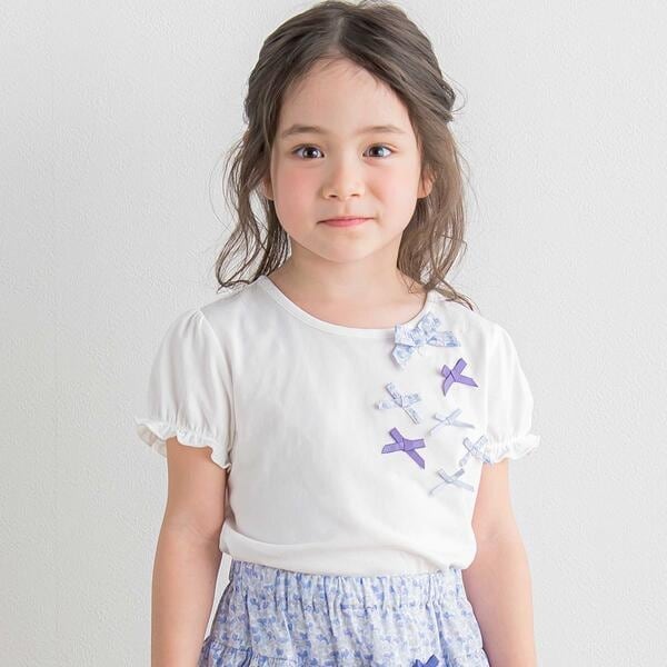 タルティーヌ エ ショコラ（Tartine et Chocolat）/ベア天竺リバティ(Aralia Pansy)リボン半袖Tシャツ(90~140cm)