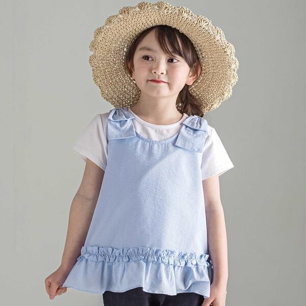 タルティーヌ エ ショコラ（Tartine et Chocolat）/無地Tシャツ＋サッカー肩リボンブラウス 2点セット(100〜140cm)