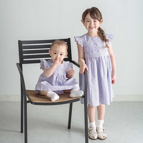 タルティーヌ エ ショコラ（Tartine et Chocolat）/【お揃い】コットンブロードストライプパンチングレースフリル袖ワンピース(90〜140…_5
