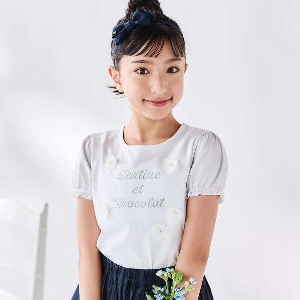 【NEW】タルティーヌ エ ショコラ（Tartine et Chocolat）/ベア天竺 フラワーモチーフ ロゴ刺しゅうTシャツ(100~140cm)