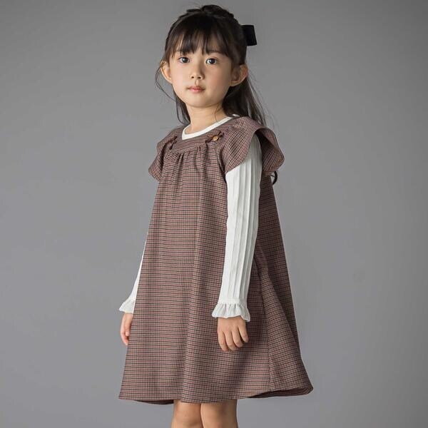 ベベ プチ ポワ ヴェール（BeBe Petits Pois Vert）/千鳥チェックラグランギャザースリーブワンピース(95~150cm)